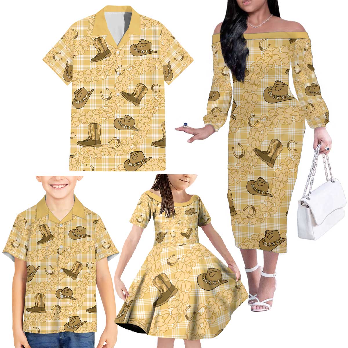 Yellow Palaka Hawaii Cowboy Family Matching Off The Shoulder Long Sleeve Dress and Hawaiian Shirt Puakenikeni Lei Paniolo Papale Seamless Vibes - Polynesian Pride