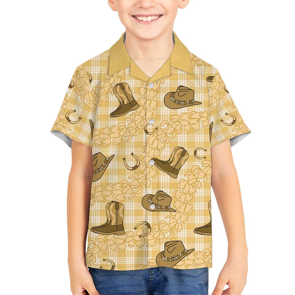 Yellow Palaka Hawaii Cowboy Family Matching Off Shoulder Maxi Dress and Hawaiian Shirt Puakenikeni Lei Paniolo Papale Seamless Vibes - Polynesian Pride