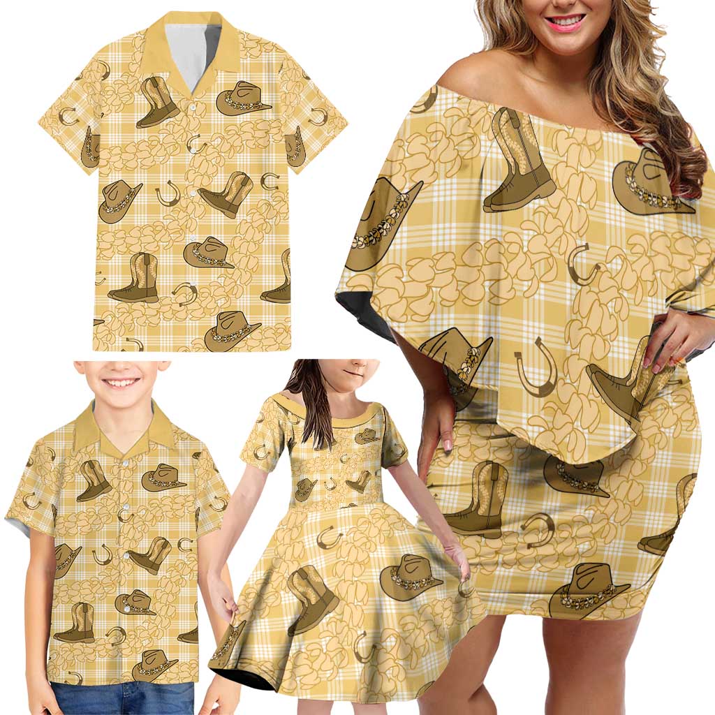 Yellow Palaka Hawaii Cowboy Family Matching Off Shoulder Short Dress and Hawaiian Shirt Puakenikeni Lei Paniolo Papale Seamless Vibes - Polynesian Pride