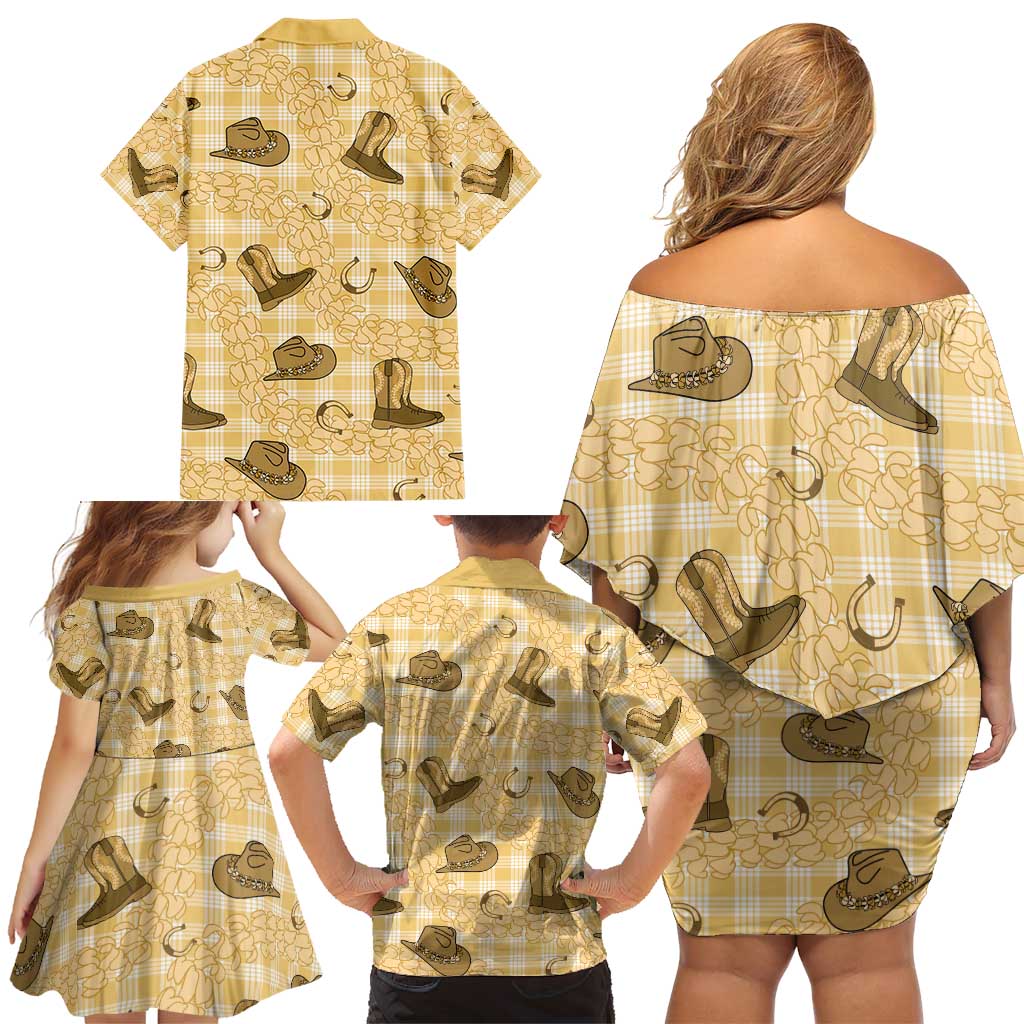 Yellow Palaka Hawaii Cowboy Family Matching Off Shoulder Short Dress and Hawaiian Shirt Puakenikeni Lei Paniolo Papale Seamless Vibes - Polynesian Pride