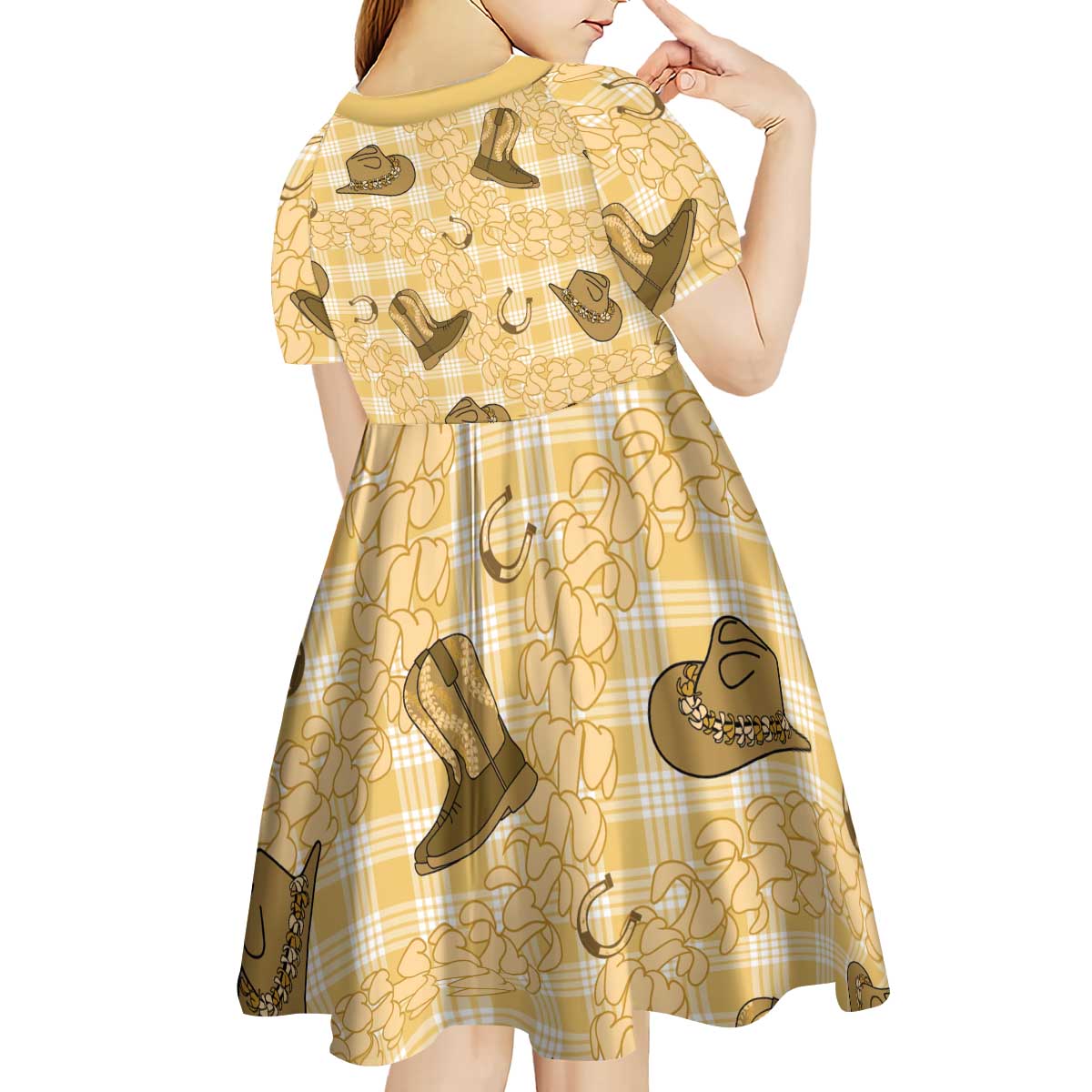 Yellow Palaka Hawaii Cowboy Kid Short Sleeve Dress Puakenikeni Lei Paniolo Papale Seamless Vibes - Polynesian Pride