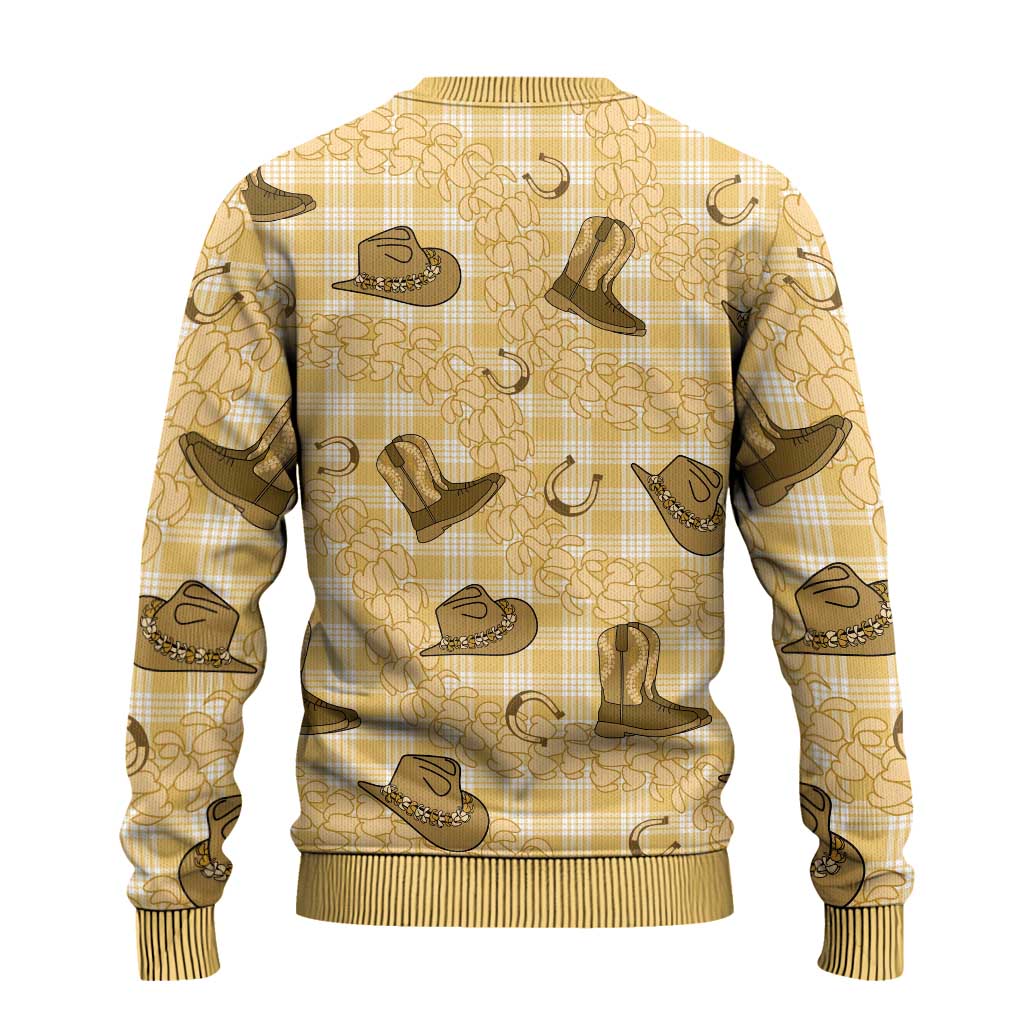 Yellow Palaka Hawaii Cowboy Ugly Christmas Sweater Puakenikeni Lei Paniolo Papale Seamless Vibes - Polynesian Pride