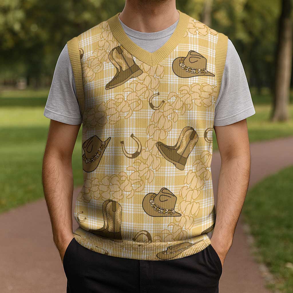 Yellow Palaka Hawaii Cowboy Christmas Knitted V-Neck Vest Puakenikeni Lei Paniolo Papale Seamless Vibes - Polynesian Pride