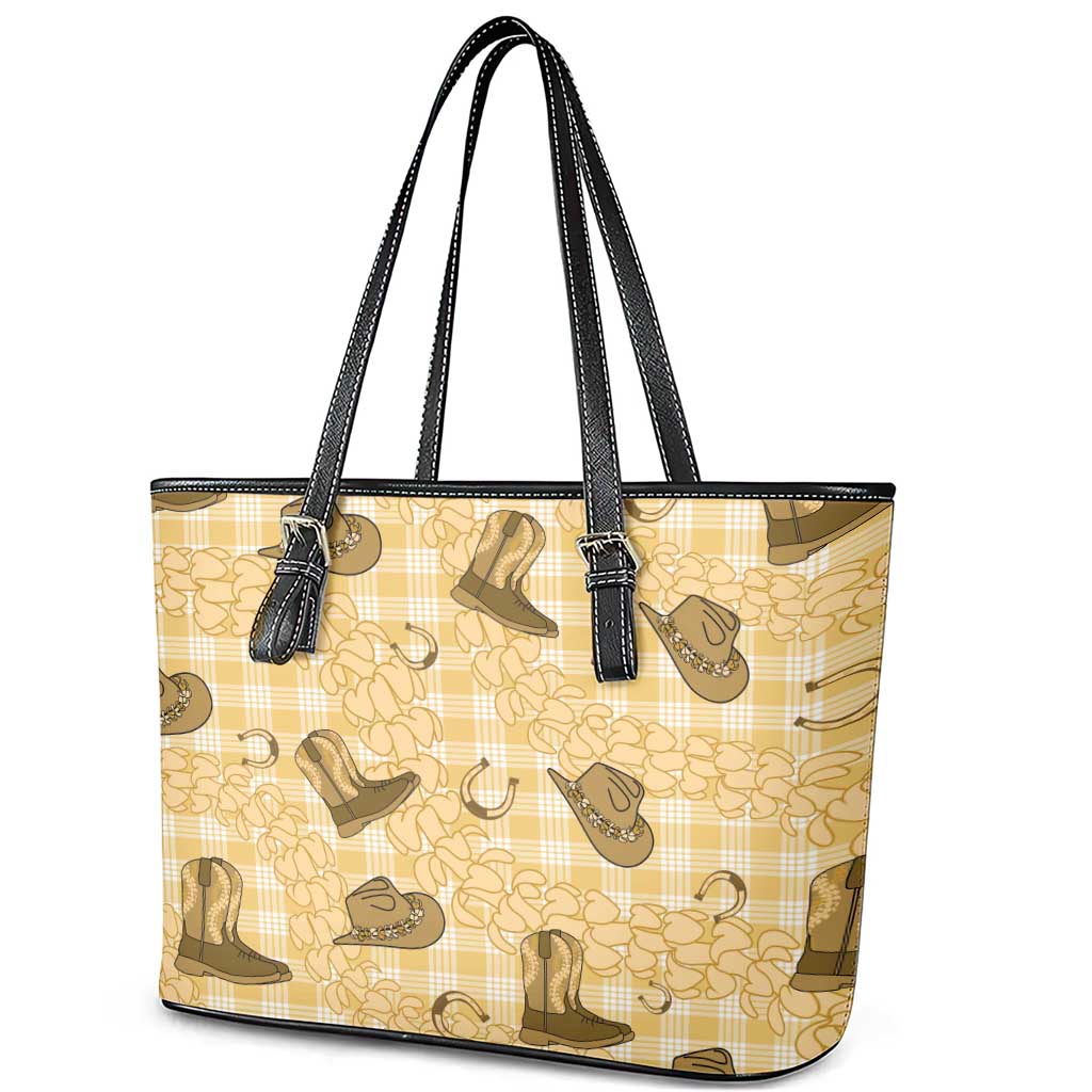 Yellow Palaka Hawaii Cowboy Leather Tote Bag Puakenikeni Lei Paniolo Papale Seamless Vibes - Polynesian Pride