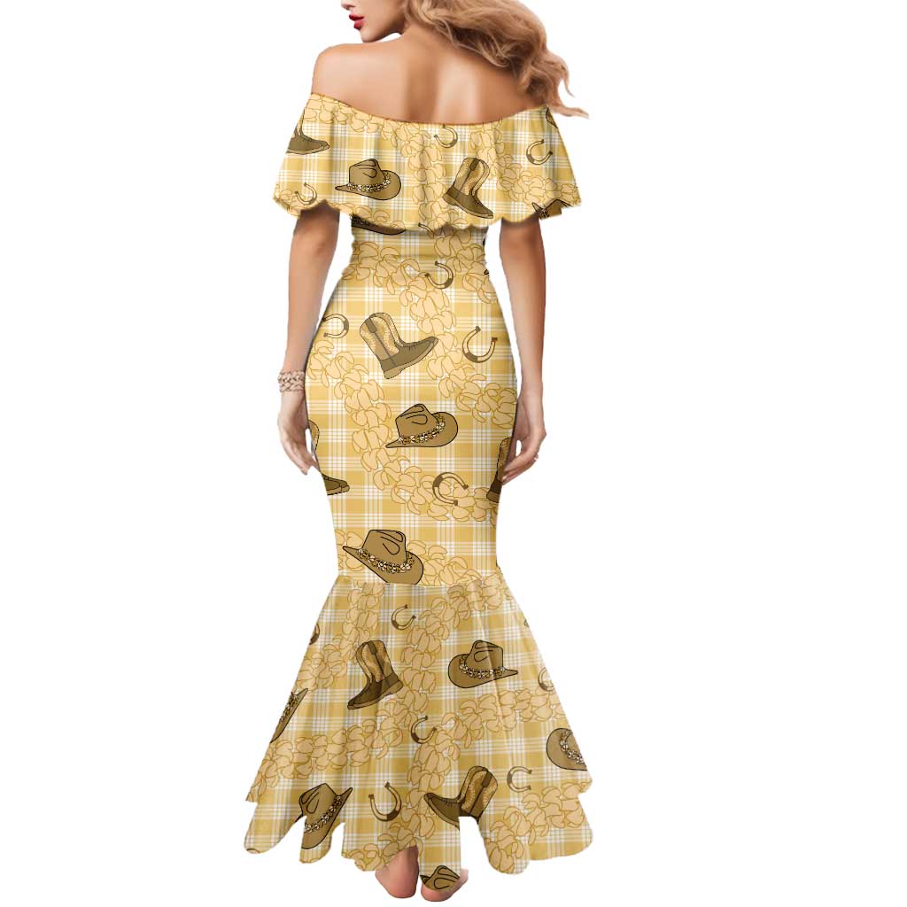 Yellow Palaka Hawaii Cowboy Mermaid Dress Puakenikeni Lei Paniolo Papale Seamless Vibes - Polynesian Pride