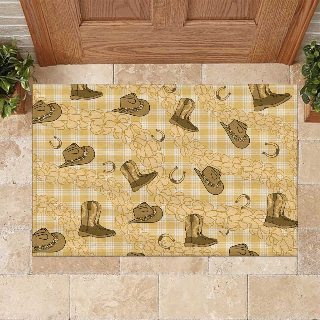 Yellow Palaka Hawaii Cowboy Rubber Doormat Puakenikeni Lei Paniolo Papale Seamless Vibes - Polynesian Pride
