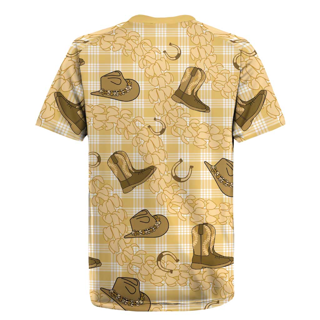 Yellow Palaka Hawaii Cowboy Rugby Jersey Puakenikeni Lei Paniolo Papale Seamless Vibes - Polynesian Pride