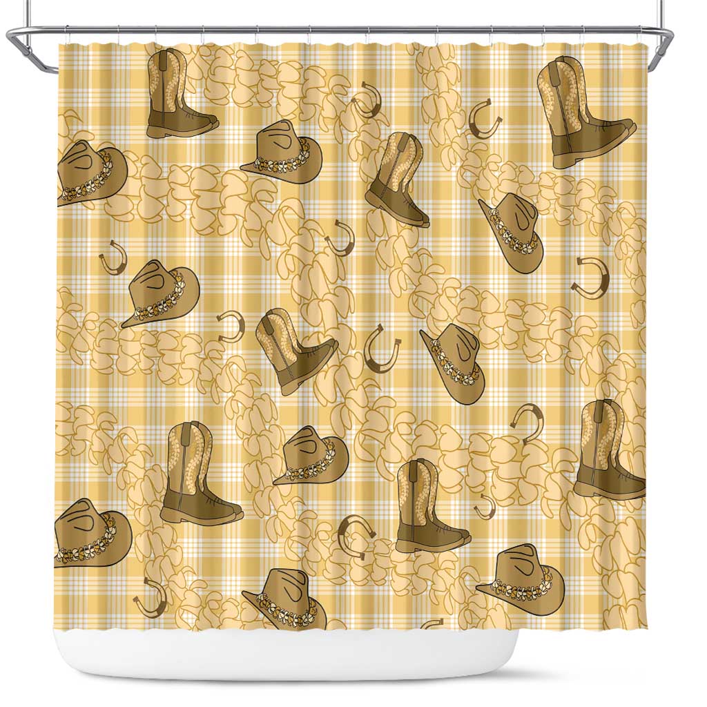 Yellow Palaka Hawaii Cowboy Shower Curtain Puakenikeni Lei Paniolo Papale Seamless Vibes - Polynesian Pride