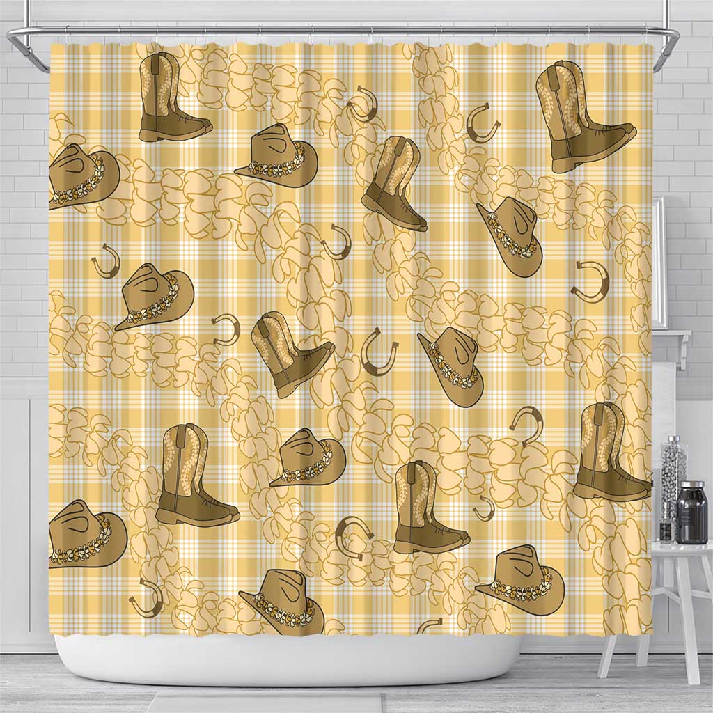 Yellow Palaka Hawaii Cowboy Shower Curtain Puakenikeni Lei Paniolo Papale Seamless Vibes - Polynesian Pride