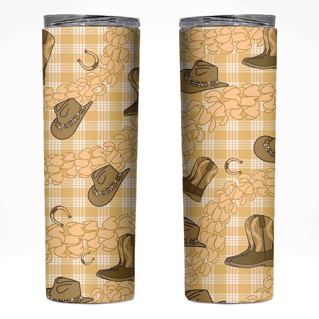 Yellow Palaka Hawaii Cowboy Skinny Tumbler Puakenikeni Lei Paniolo Papale Seamless Vibes - Polynesian Pride