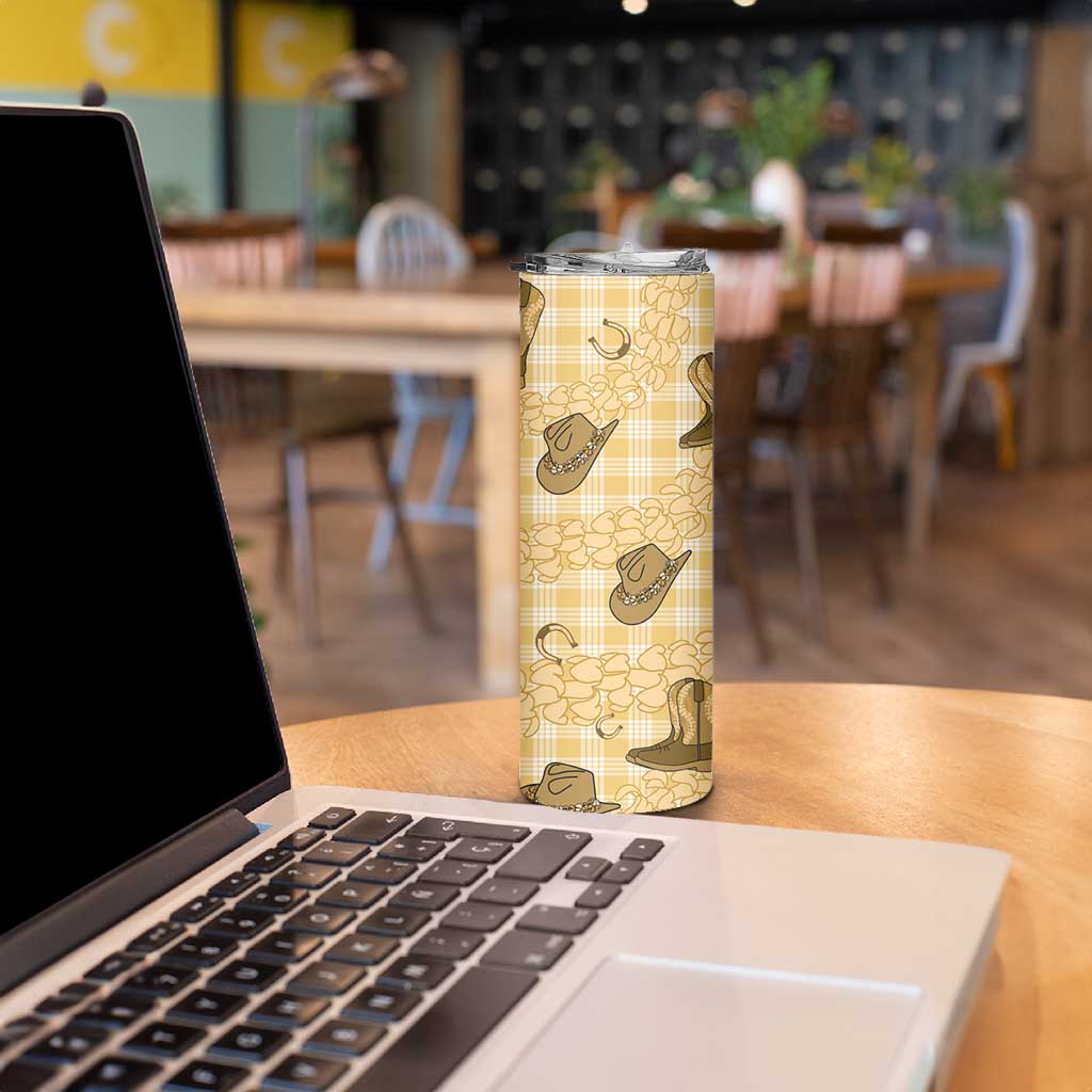 Yellow Palaka Hawaii Cowboy Skinny Tumbler Puakenikeni Lei Paniolo Papale Seamless Vibes - Polynesian Pride