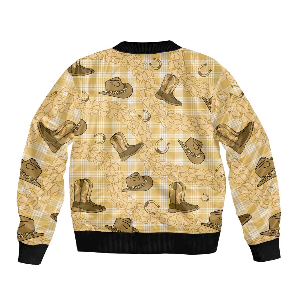 Yellow Palaka Hawaii Cowboy Sleeve Zip Bomber Jacket Puakenikeni Lei Paniolo Papale Seamless Vibes - Polynesian Pride