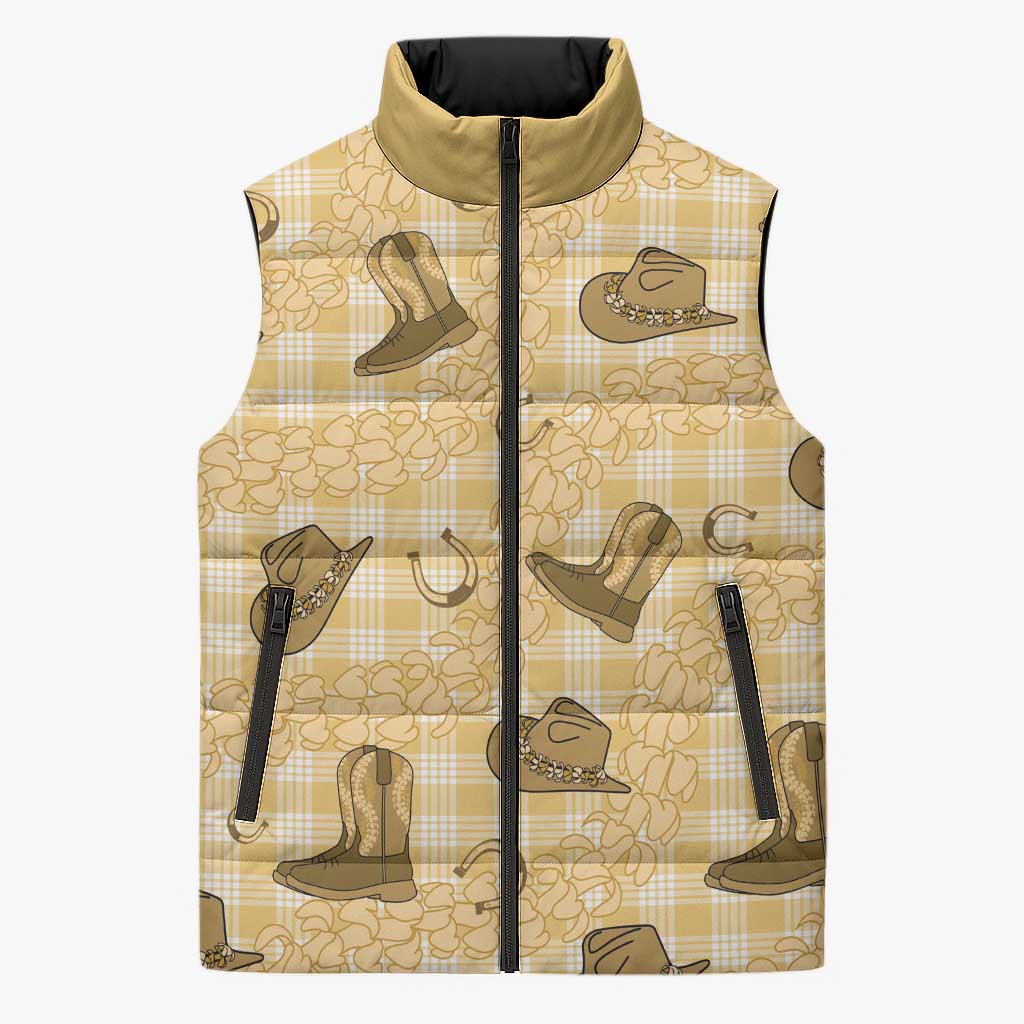 Yellow Palaka Hawaii Cowboy Sleeveless Puffer Jacket Puakenikeni Lei Paniolo Papale Seamless Vibes - Polynesian Pride