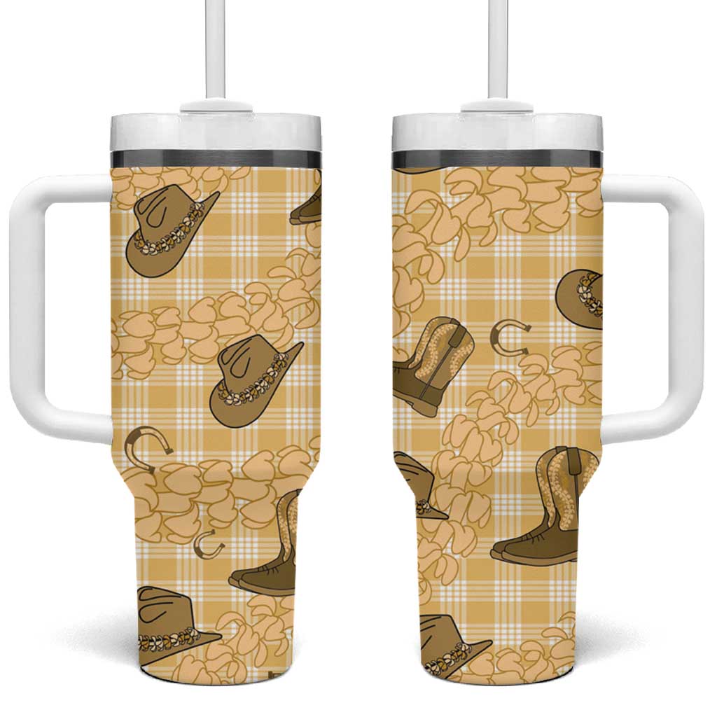 Yellow Palaka Hawaii Cowboy Tumbler With Handle Puakenikeni Lei Paniolo Papale Seamless Vibes - Polynesian Pride