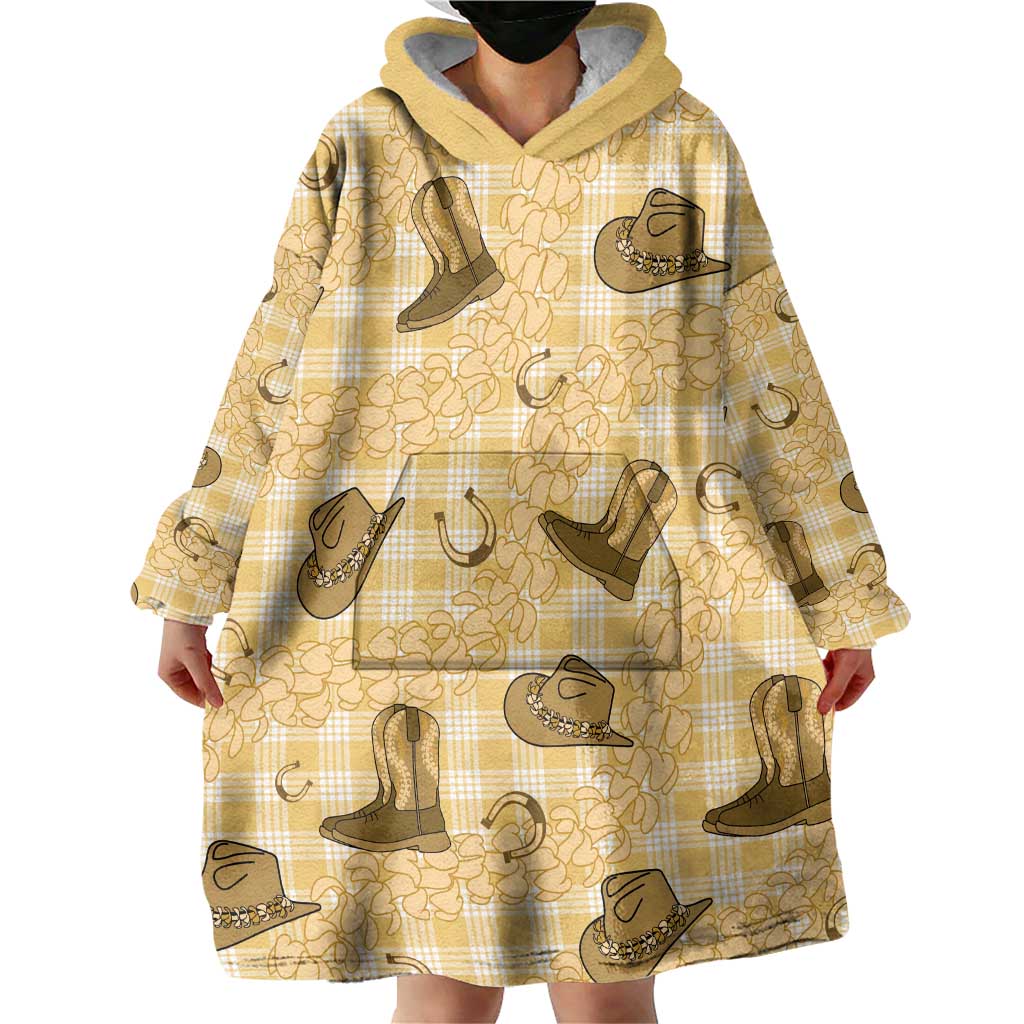 Yellow Palaka Hawaii Cowboy Wearable Blanket Hoodie Puakenikeni Lei Paniolo Papale Seamless Vibes - Polynesian Pride