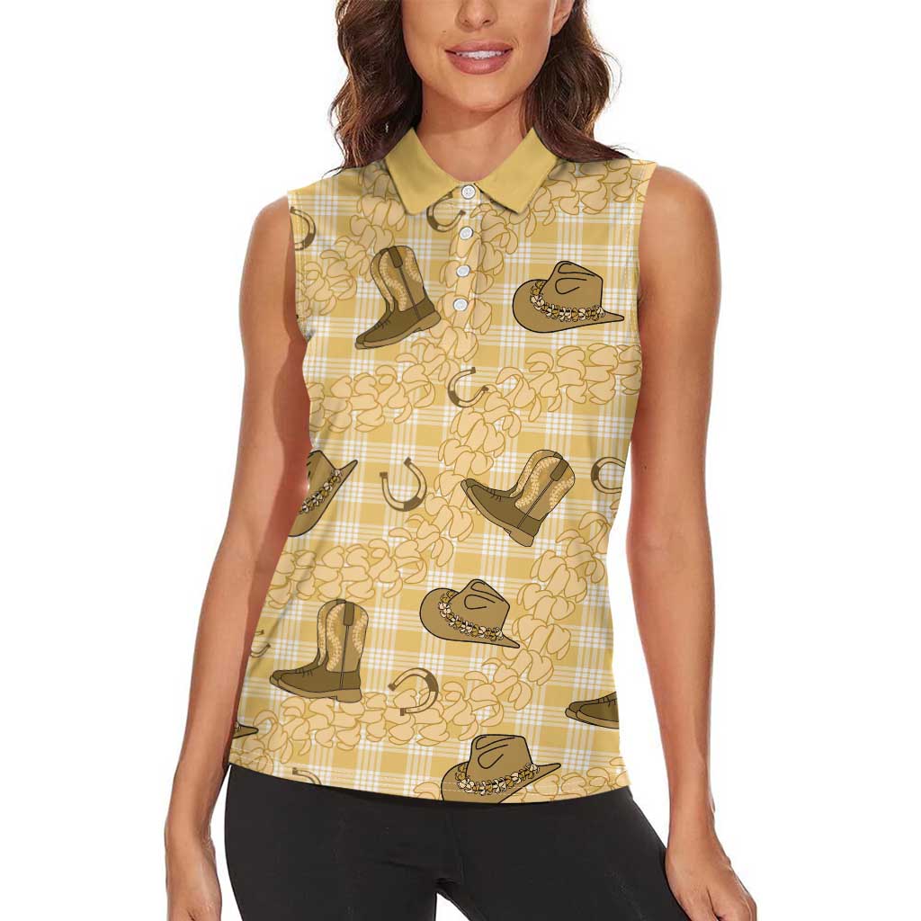 Yellow Palaka Hawaii Cowboy Women Sleeveless Polo Shirt Puakenikeni Lei Paniolo Papale Seamless Vibes - Polynesian Pride