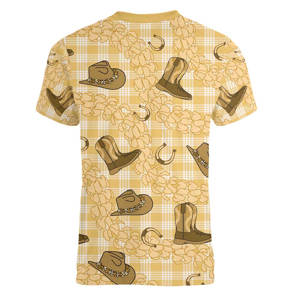 Yellow Palaka Hawaii Cowboy Women V-Neck T-Shirt Puakenikeni Lei Paniolo Papale Seamless Vibes - Polynesian Pride
