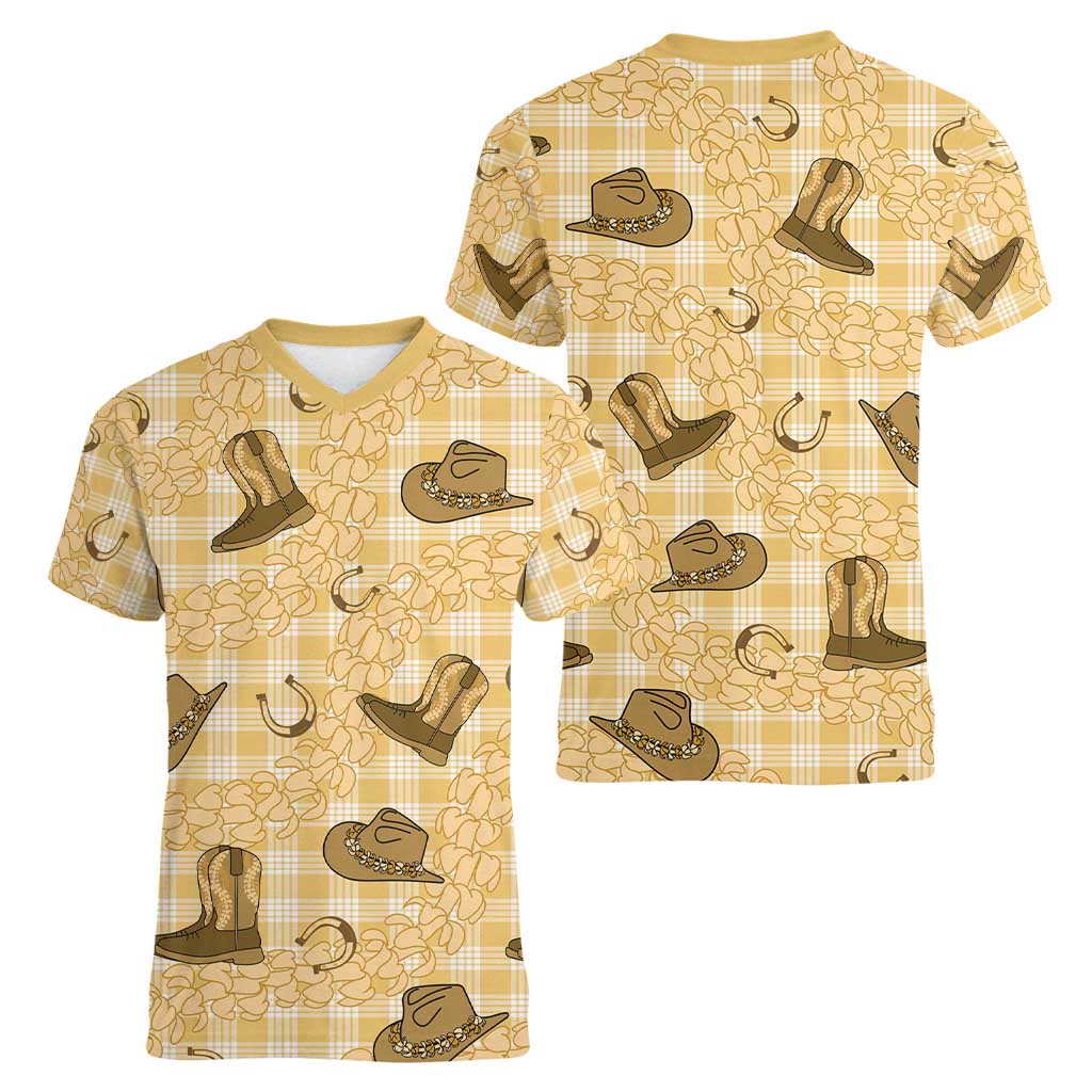 Yellow Palaka Hawaii Cowboy Women V-Neck T-Shirt Puakenikeni Lei Paniolo Papale Seamless Vibes - Polynesian Pride
