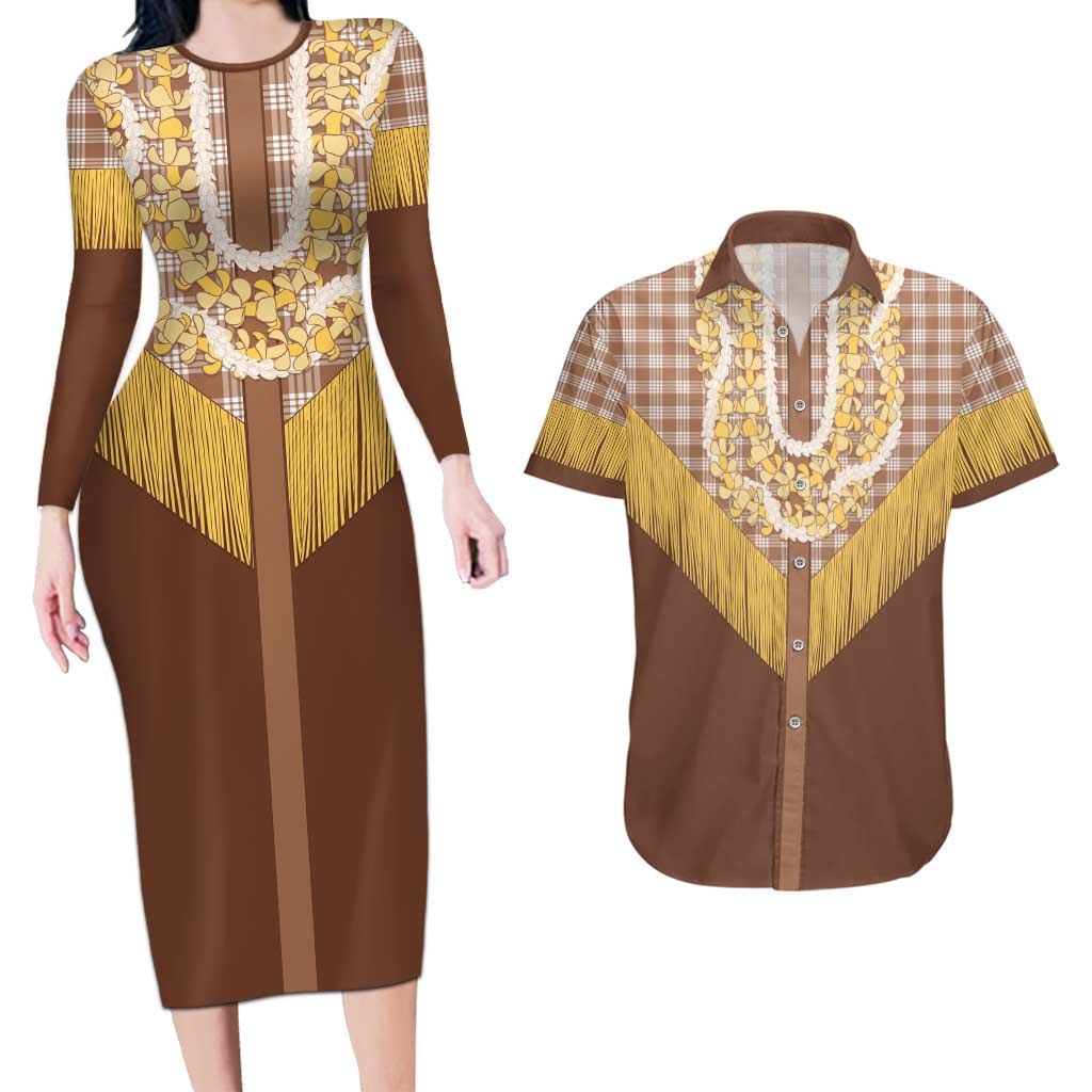Aloha Hawaii Cowboy Custome Couples Matching Long Sleeve Bodycon Dress and Hawaiian Shirt Puakenikeni Lei Palaka Tassel Style - Polynesian Pride