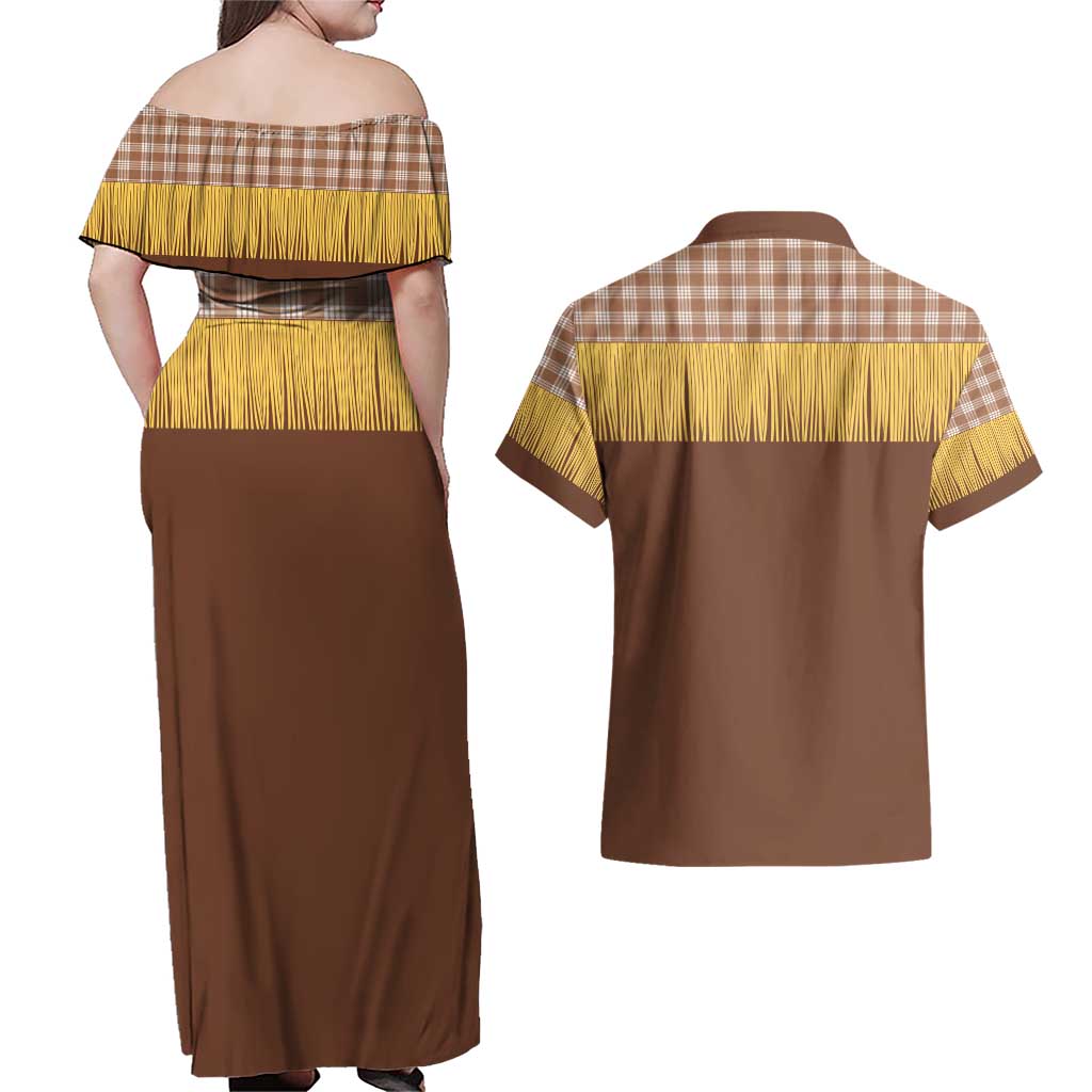 Aloha Hawaii Cowboy Custome Couples Matching Off Shoulder Maxi Dress and Hawaiian Shirt Puakenikeni Lei Palaka Tassel Style - Polynesian Pride