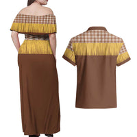 Aloha Hawaii Cowboy Custome Couples Matching Off Shoulder Maxi Dress and Hawaiian Shirt Puakenikeni Lei Palaka Tassel Style - Polynesian Pride