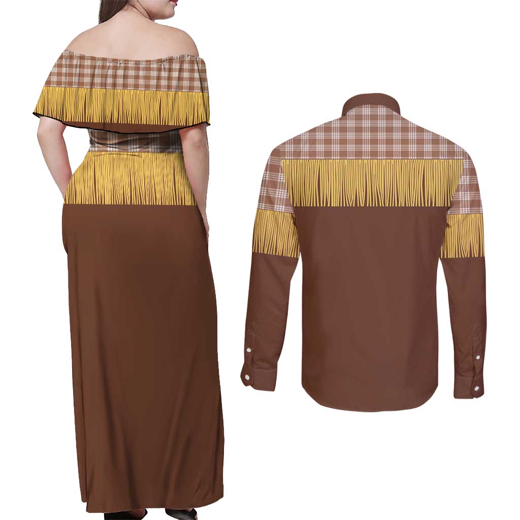 Aloha Hawaii Cowboy Custome Couples Matching Off Shoulder Maxi Dress and Long Sleeve Button Shirt Puakenikeni Lei Palaka Tassel Style - Polynesian Pride