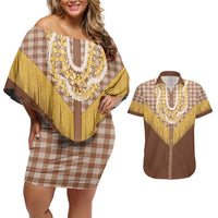 Aloha Hawaii Cowboy Custome Couples Matching Off Shoulder Short Dress and Hawaiian Shirt Puakenikeni Lei Palaka Tassel Style - Polynesian Pride