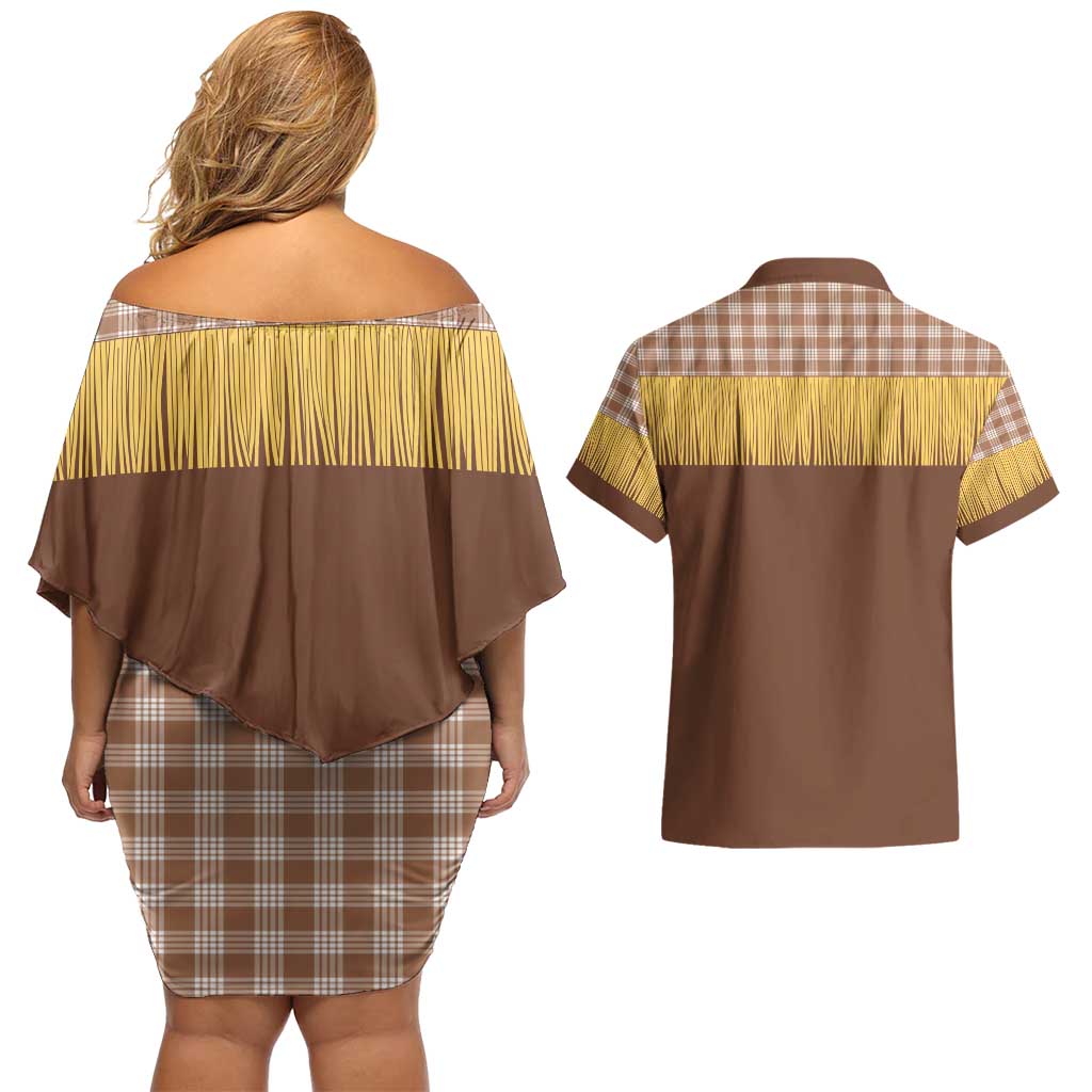 Aloha Hawaii Cowboy Custome Couples Matching Off Shoulder Short Dress and Hawaiian Shirt Puakenikeni Lei Palaka Tassel Style - Polynesian Pride