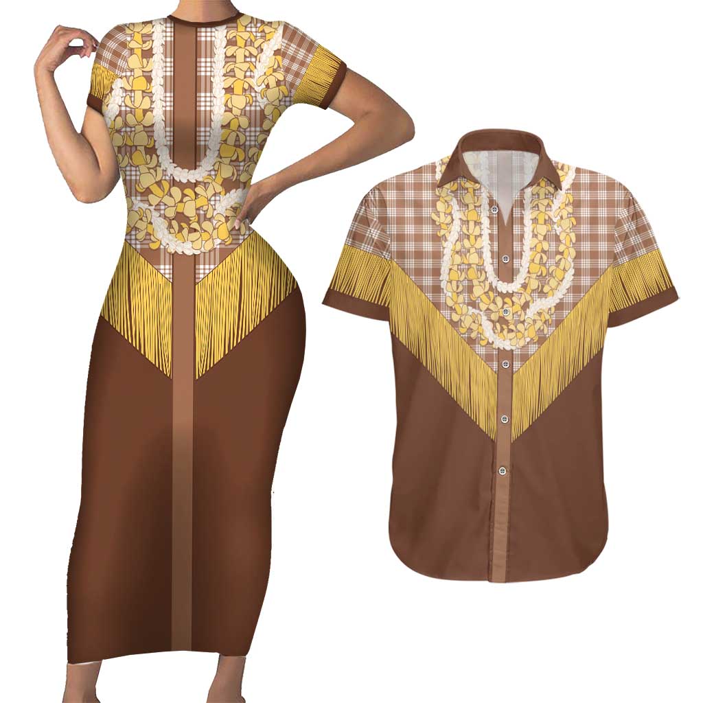 Aloha Hawaii Cowboy Custome Couples Matching Short Sleeve Bodycon Dress and Hawaiian Shirt Puakenikeni Lei Palaka Tassel Style - Polynesian Pride