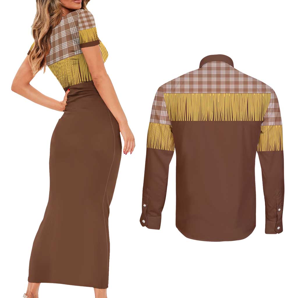 Aloha Hawaii Cowboy Custome Couples Matching Short Sleeve Bodycon Dress and Long Sleeve Button Shirt Puakenikeni Lei Palaka Tassel Style - Polynesian Pride