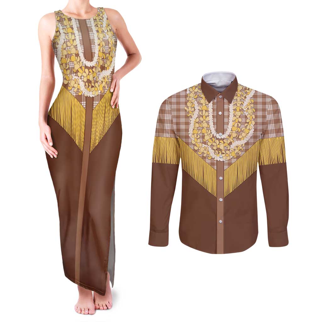Aloha Hawaii Cowboy Custome Couples Matching Tank Maxi Dress and Long Sleeve Button Shirt Puakenikeni Lei Palaka Tassel Style - Polynesian Pride