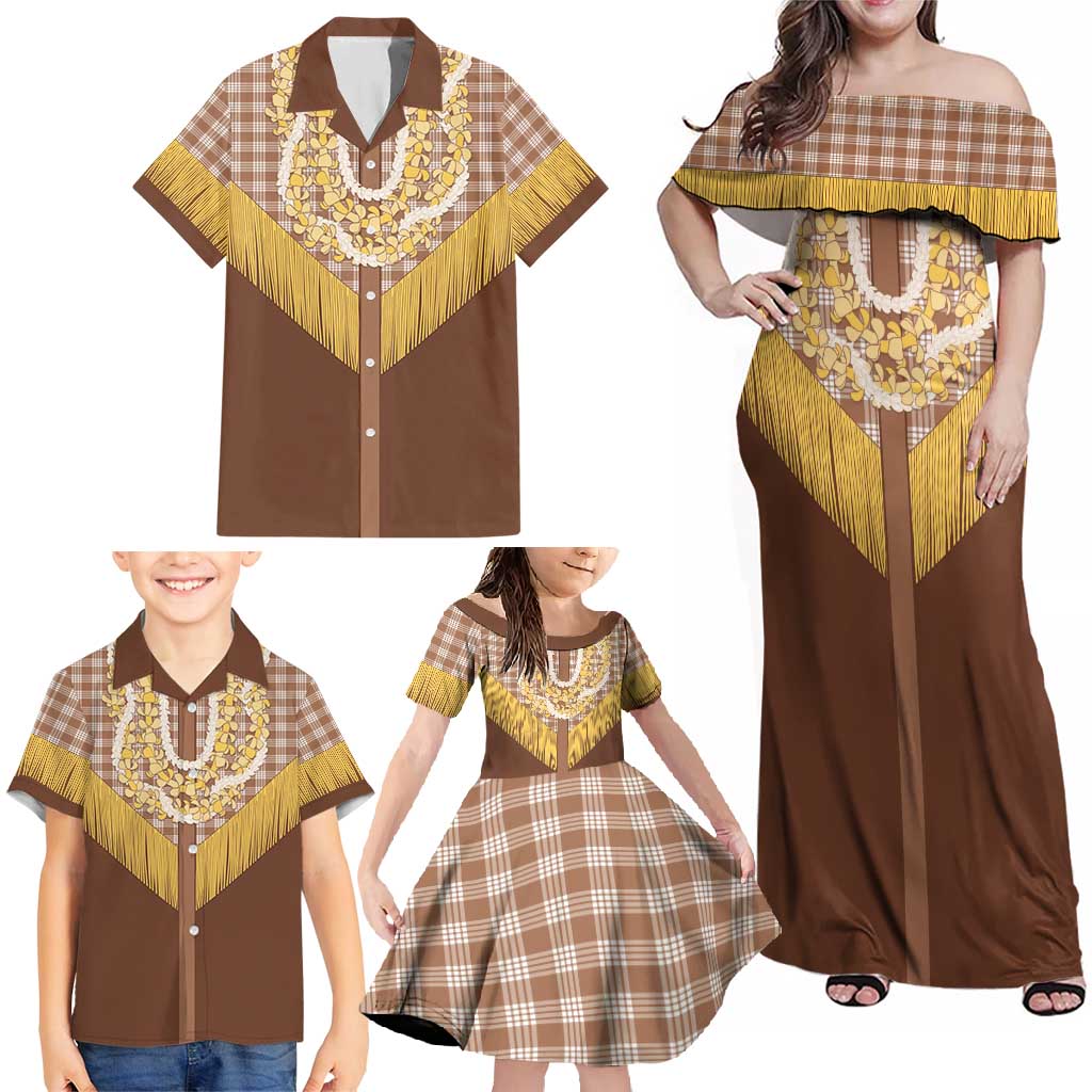 Aloha Hawaii Cowboy Custome Family Matching Off Shoulder Maxi Dress and Hawaiian Shirt Puakenikeni Lei Palaka Tassel Style - Polynesian Pride