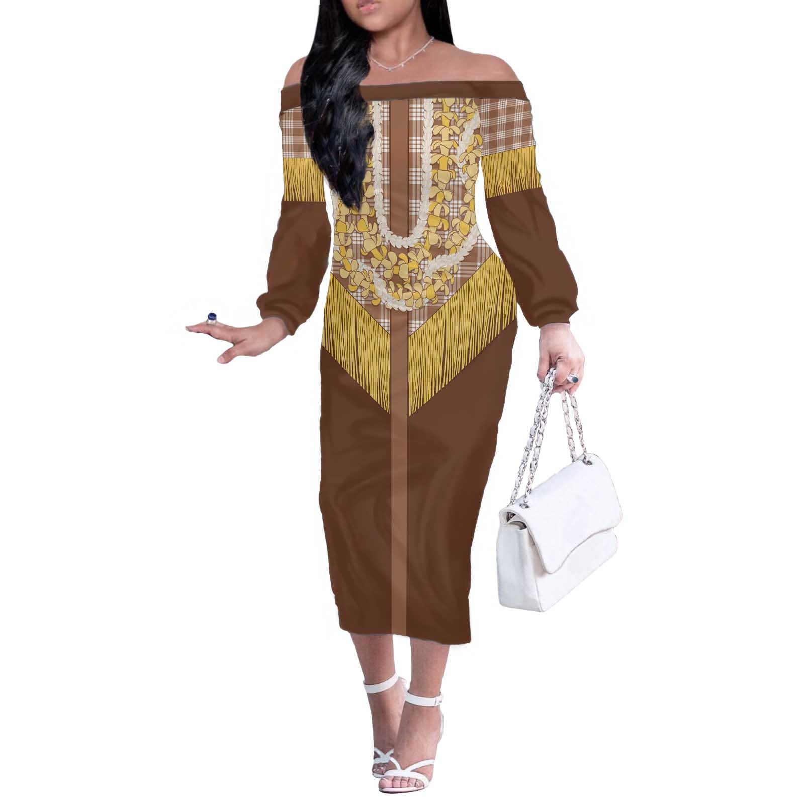 Aloha Hawaii Cowboy Custome Off The Shoulder Long Sleeve Dress Puakenikeni Lei Palaka Tassel Style - Polynesian Pride
