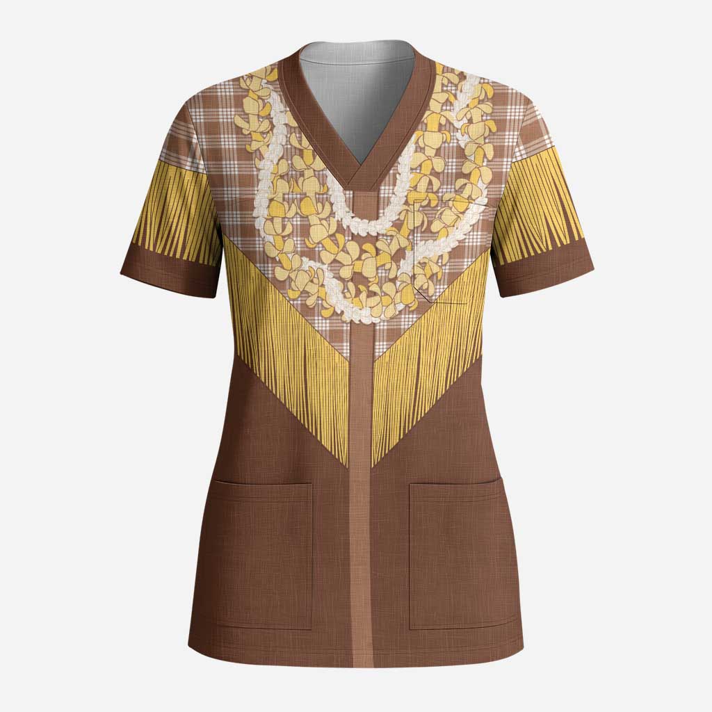 Aloha Hawaii Cowboy Custome Scrub Top Puakenikeni Lei Palaka Tassel Style - Polynesian Pride