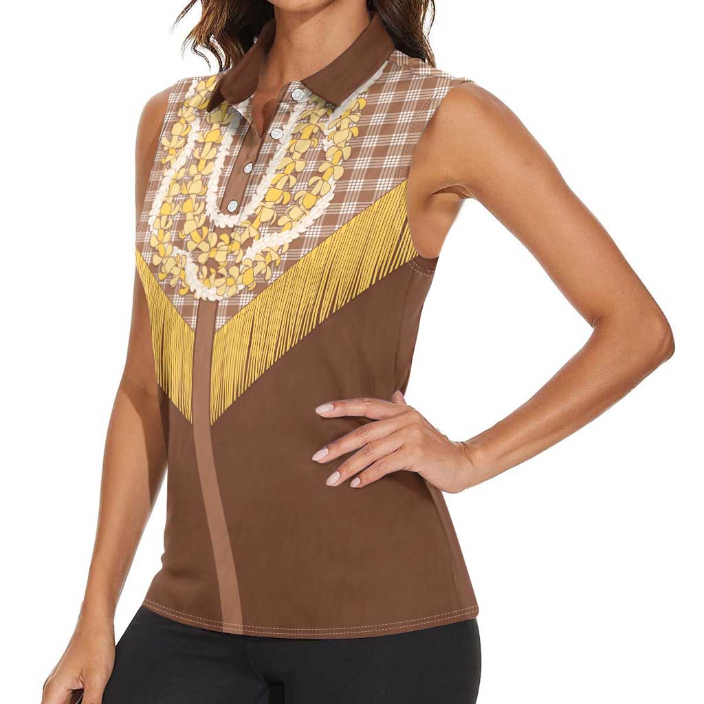 Aloha Hawaii Cowboy Custome Women Sleeveless Polo Shirt Puakenikeni Lei Palaka Tassel Style - Polynesian Pride