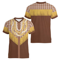 Aloha Hawaii Cowboy Custome Women V-Neck T-Shirt Puakenikeni Lei Palaka Tassel Style - Polynesian Pride