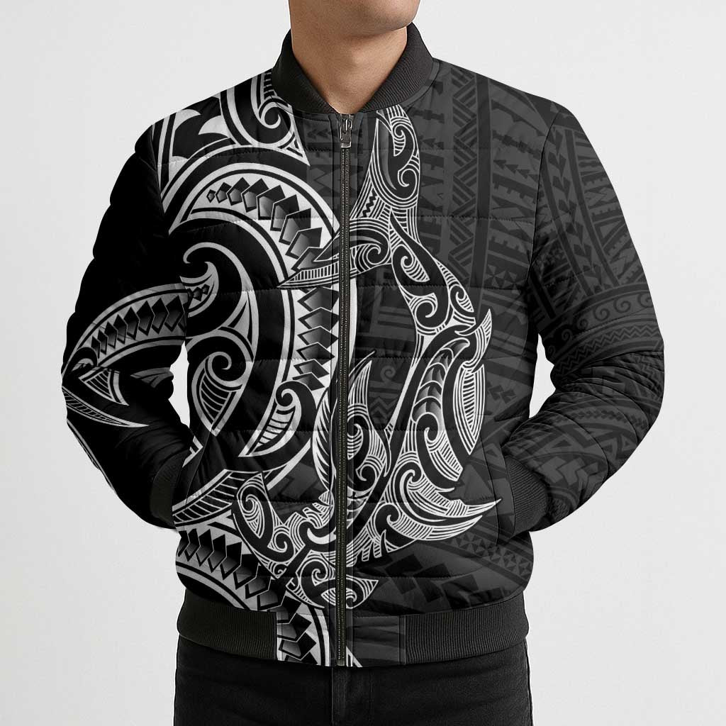New Zealand Hammerhead Shark Bomber Puffer Jacket Maori Haehae Mangopare Black - Polynesian Pride