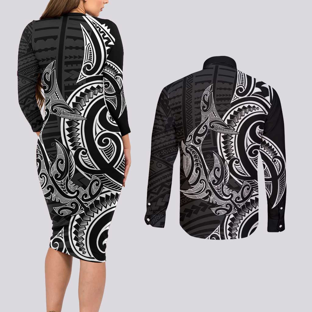 New Zealand Hammerhead Shark Couples Matching Long Sleeve Bodycon Dress and Long Sleeve Button Shirt Maori Haehae Mangopare Black - Polynesian Pride