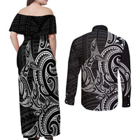 New Zealand Hammerhead Shark Couples Matching Off Shoulder Maxi Dress and Long Sleeve Button Shirt Maori Haehae Mangopare Black - Polynesian Pride
