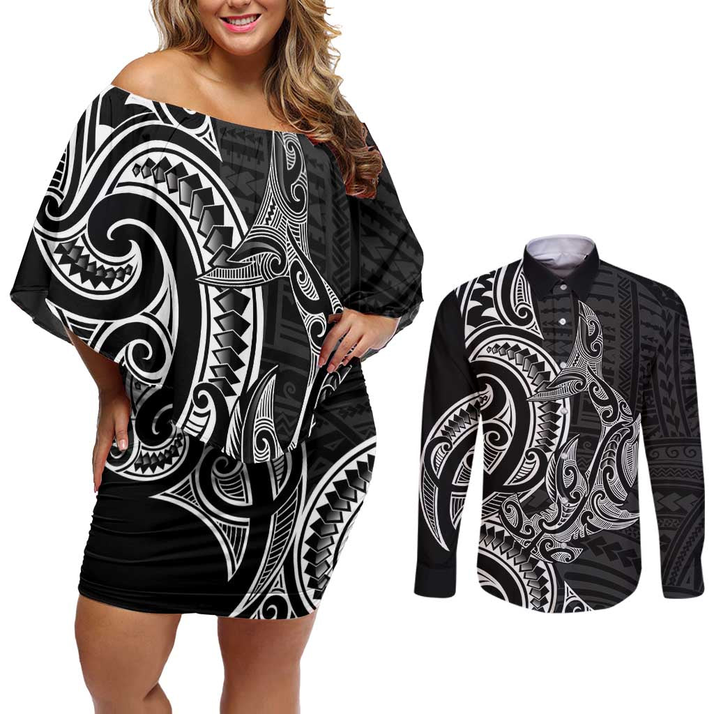 New Zealand Hammerhead Shark Couples Matching Off Shoulder Short Dress and Long Sleeve Button Shirt Maori Haehae Mangopare Black - Polynesian Pride
