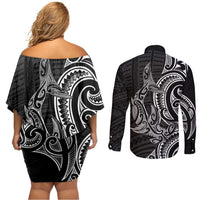 New Zealand Hammerhead Shark Couples Matching Off Shoulder Short Dress and Long Sleeve Button Shirt Maori Haehae Mangopare Black - Polynesian Pride
