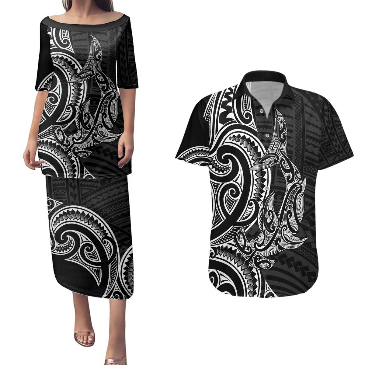 New Zealand Hammerhead Shark Couples Matching Puletasi and Hawaiian Shirt Maori Haehae Mangopare Black - Polynesian Pride
