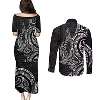New Zealand Hammerhead Shark Couples Matching Puletasi and Long Sleeve Button Shirt Maori Haehae Mangopare Black - Polynesian Pride