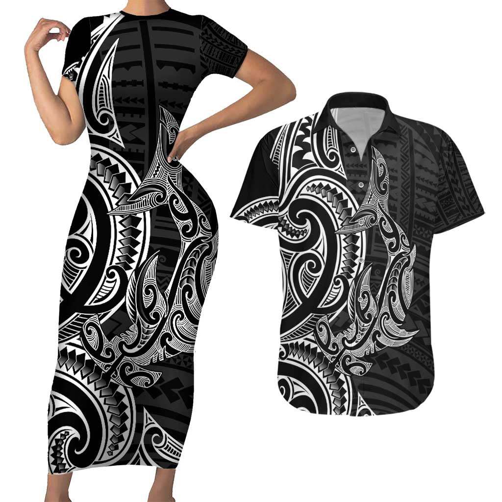 New Zealand Hammerhead Shark Couples Matching Short Sleeve Bodycon Dress and Hawaiian Shirt Maori Haehae Mangopare Black - Polynesian Pride