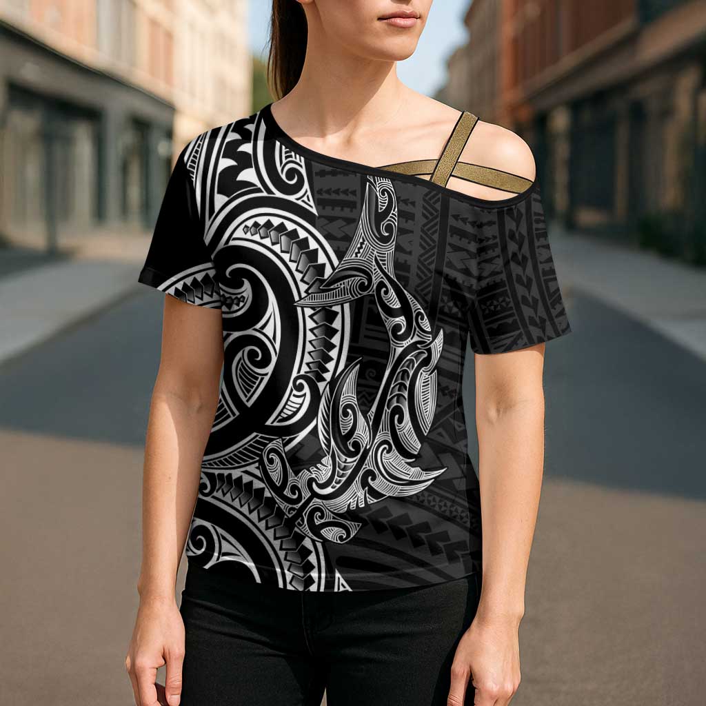 New Zealand Hammerhead Shark Cross Shoulder Shirt Maori Haehae Mangopare Black - Polynesian Pride