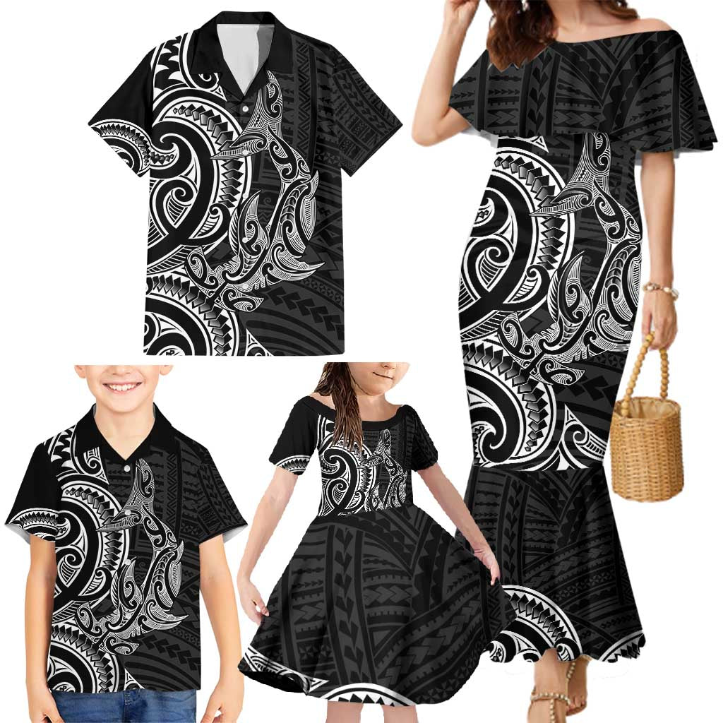 New Zealand Hammerhead Shark Family Matching Mermaid Dress and Hawaiian Shirt Maori Haehae Mangopare Black - Polynesian Pride