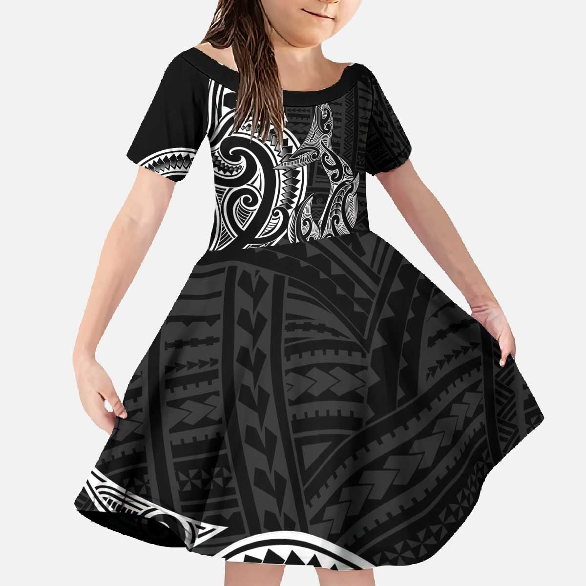 New Zealand Hammerhead Shark Family Matching Off The Shoulder Long Sleeve Dress and Hawaiian Shirt Maori Haehae Mangopare Black - Polynesian Pride