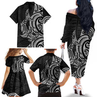 New Zealand Hammerhead Shark Family Matching Off The Shoulder Long Sleeve Dress and Hawaiian Shirt Maori Haehae Mangopare Black - Polynesian Pride