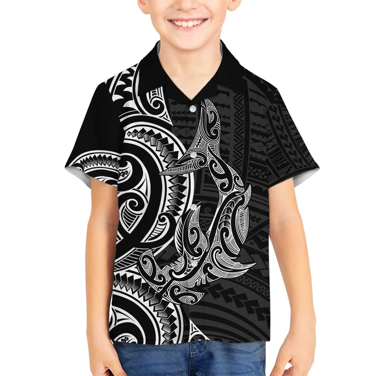 New Zealand Hammerhead Shark Family Matching Off The Shoulder Long Sleeve Dress and Hawaiian Shirt Maori Haehae Mangopare Black - Polynesian Pride