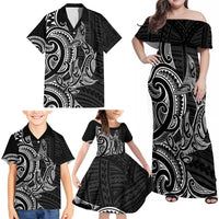 New Zealand Hammerhead Shark Family Matching Off Shoulder Maxi Dress and Hawaiian Shirt Maori Haehae Mangopare Black - Polynesian Pride